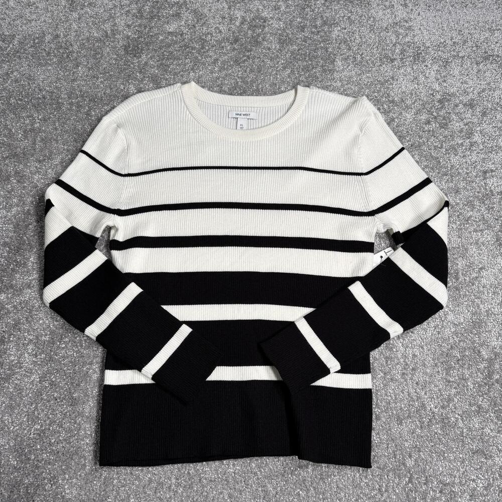 Nine West Sweater Womens XL White Black Stripe Knit Crewneck Long Sleeve NWT